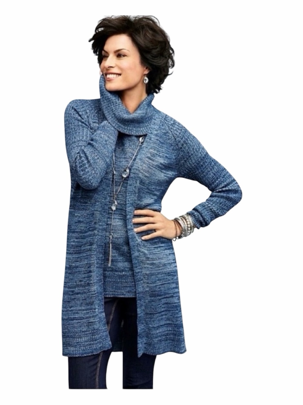 Chicos Blue Metallic Cassia Knit Long Open Front Cardigan. Size Chico's 3/US XL
